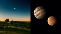 Noční krajina se vzájemně rotujícími planetami Jupiter a Mars na obloze