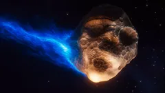 Ilustrace letícího asteroidu s ohnivým ocasem ve vesmíru na tmavém pozadí