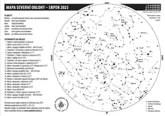 Mapa severní oblohy srpen 2025, hvězdná mapa s názvy souhvězdí a hvězd v češtině.
