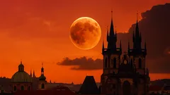 Praha při západu slunce, velký měsíc nad Týnským chrámem, oranžová obloha