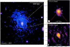 Astronomický snímek galaxie v rádiovém a rentgenovém spektru s vyznačenými detaily.