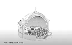 3D model vnitřku hvězdářské kopule Planetária Praha s uspořádáním sedadel