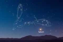 Noční obloha s planetou Saturn a souhvězdím Kozoroha nad horským obzorem.