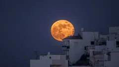 Velký oranžový měsíc nad městskými budovami za soumraku